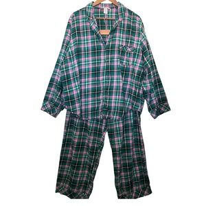 Victoria's Secret Pajama Set Women XXL Green Pink Plaid Metallic Lurex Flannel